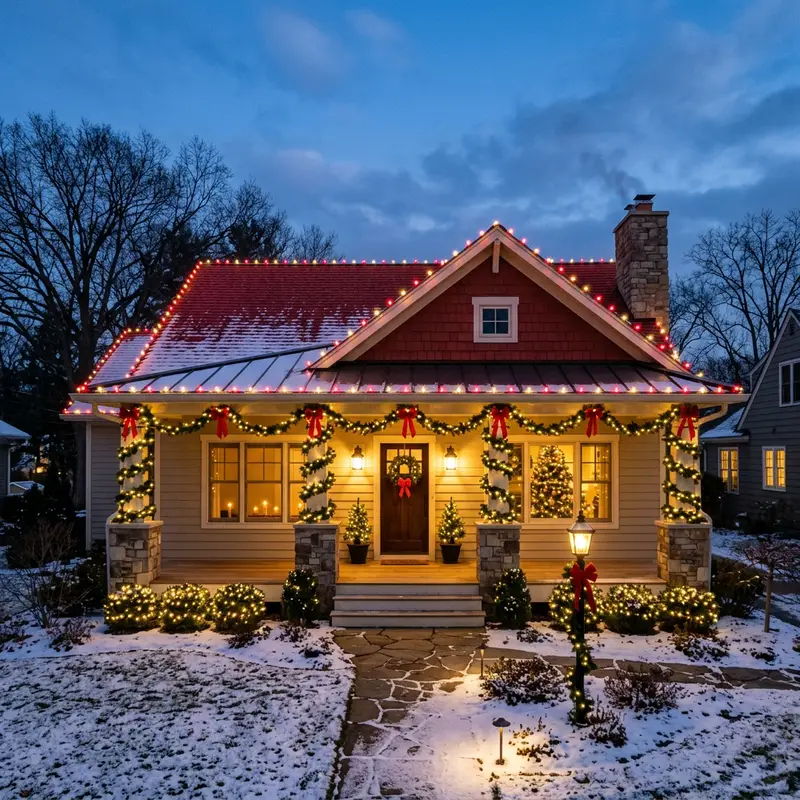 Ranch style home with candy cane red and warm white roofline lights