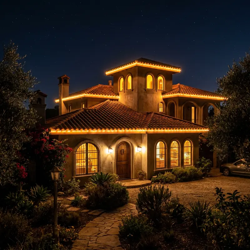 Warm amber lights along a tile roof edge at night, shown as roofline lighting inspiration