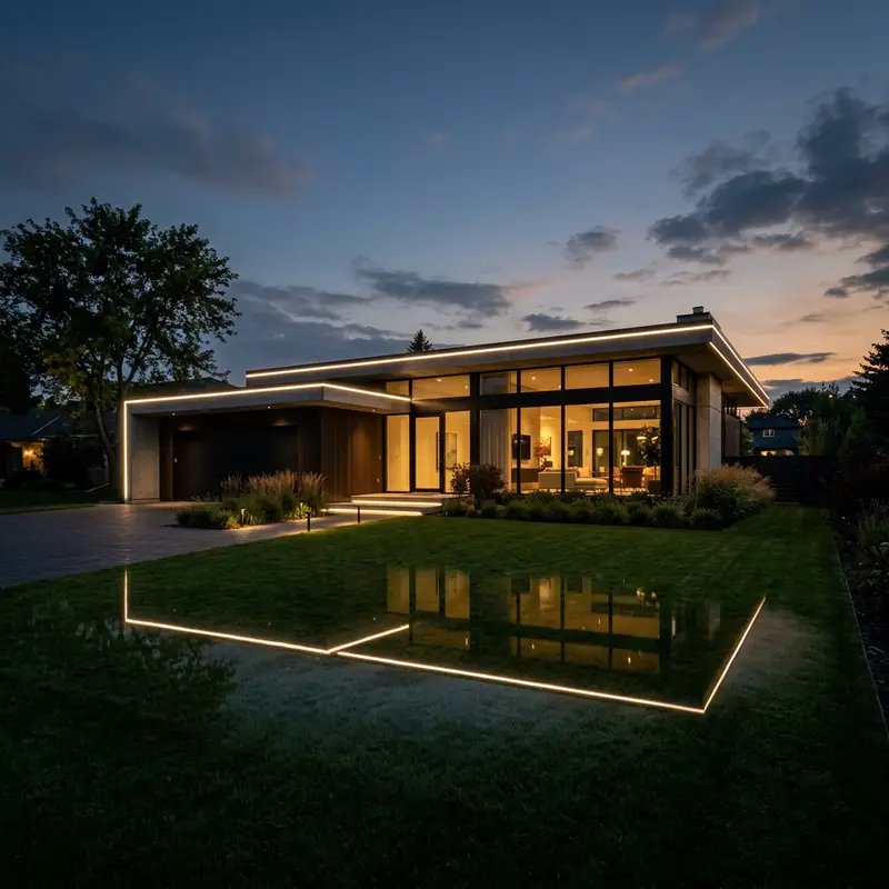 Modern flat roof home with a crisp line of white roofline lights
