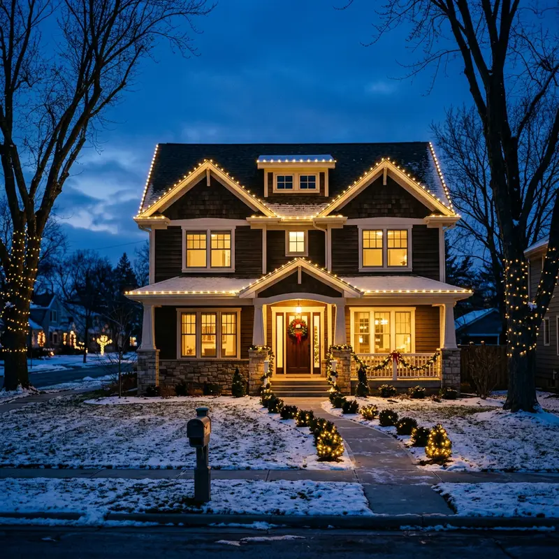 A craftsman home at twilight with warm white lights outlining the roofline and gables