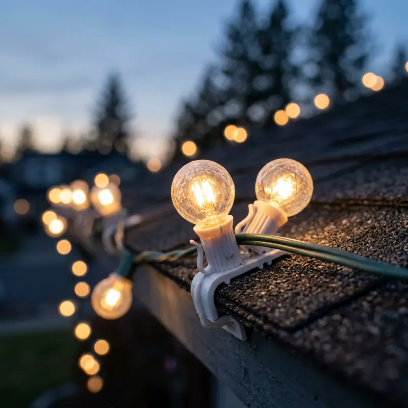 Close view of bright LED Christmas light bulbs on a roof edge clip glowing warm white, shown as an example of LED lighting