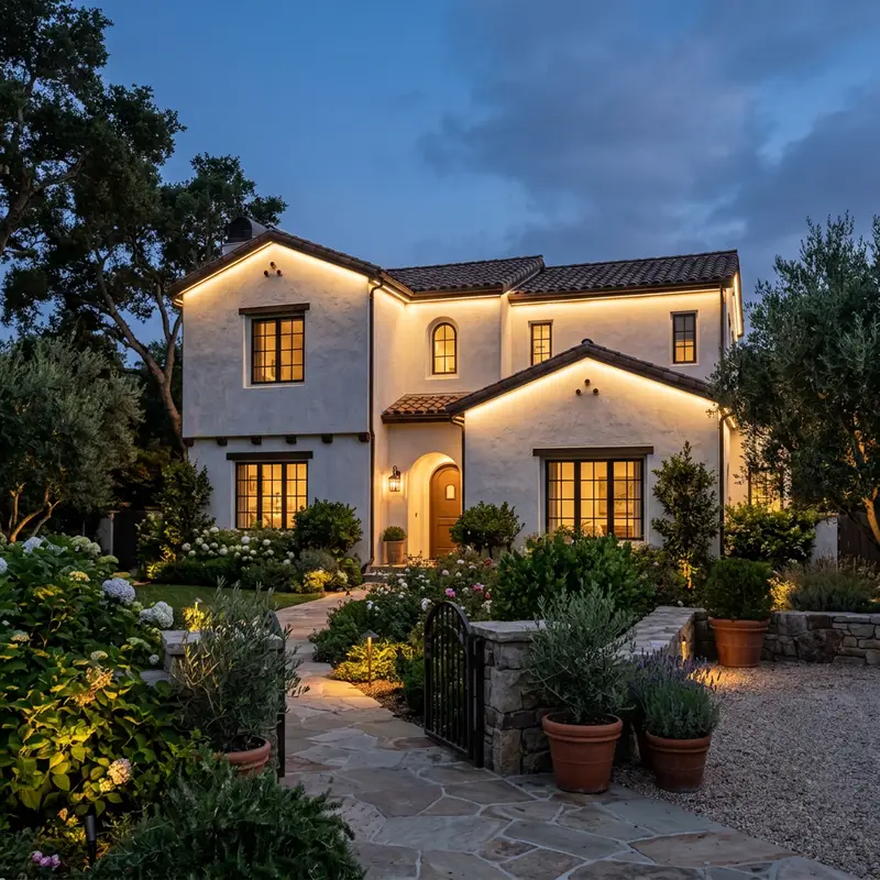 A stucco home with discreet permanent roofline lighting glowing warm white at twilight, shown as an example of permanent roofline lighting